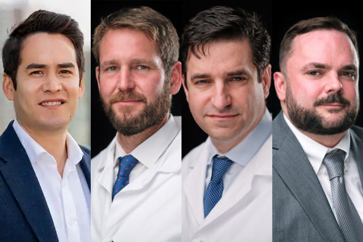 (Left to right): Ismael Seáñez and his collaborators from WashU Medicine, including Wilson Z. Ray, MD; Eric C. Leuthardt, MD; and Peter Brunner, plan to study the effects of delivering transcutaneous spinal cord stimulation only when the person intends to move with a three-year, $400,000 grant from the Craig S. Neilsen Foundation. 
