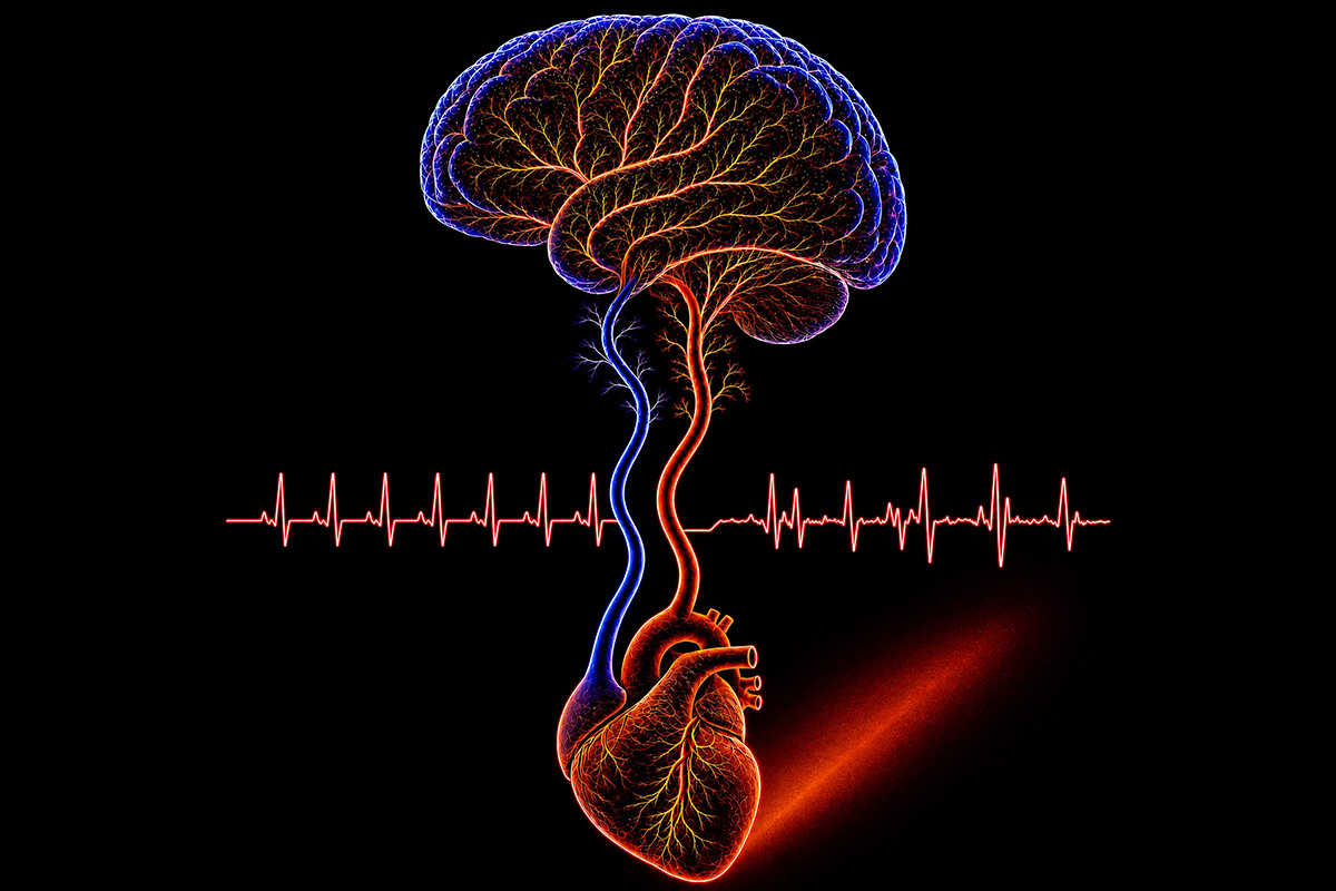Researchers in Chao Zhou’s lab used cardiac optogenetics to study arrhythmia and its impact on the brain noninvasively. Using highly sensitive imaging in a mouse model, they found that arrhythmia in a mouse heart alters oxygen concentration in the brain during and after arrhythmia. (Credit: Zhou lab using Manus AI)