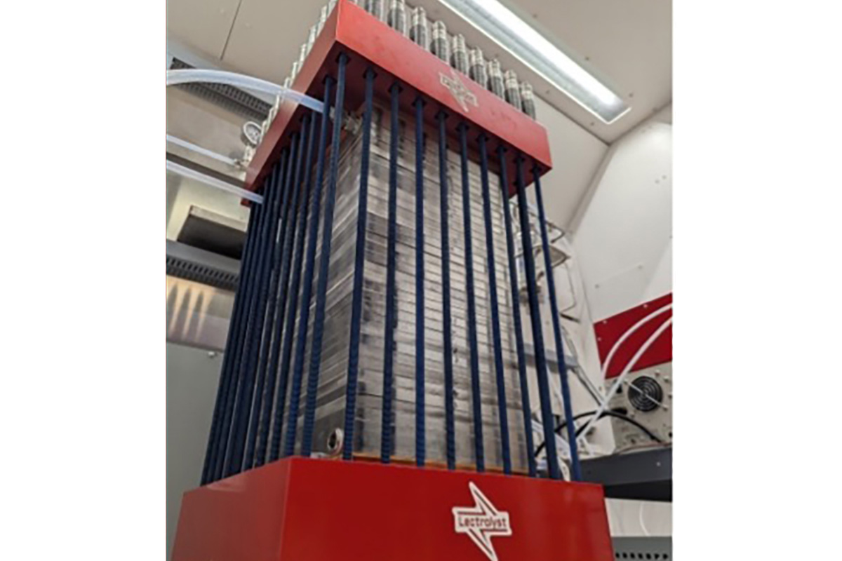 WashU engineer Feng Jiao has been working to make carbon conversion technologies more scalable for industry. Pictured is a “stack” design of CO2 electrolyzer that can convert waste carbon into other useful chemicals.
